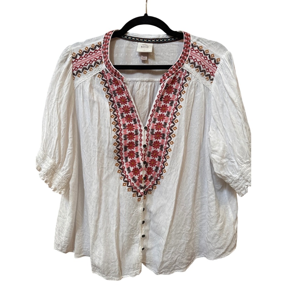 Knox Rose White Embroidered Boho Peasant Blouse Dobby Puff Sleeve XL